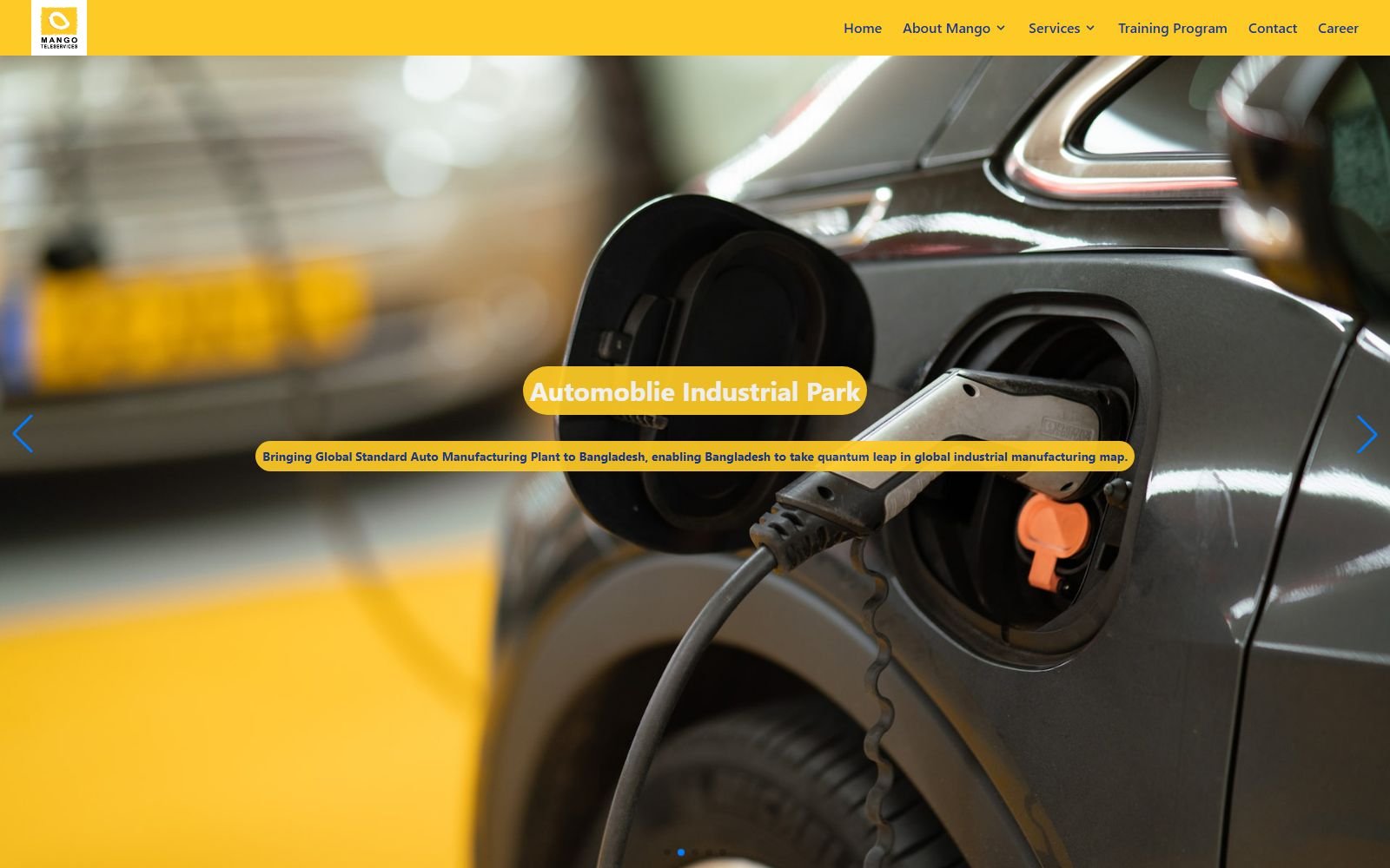 The current mango.com.bd homepage: a yellow header over an electric-car charging photo titled 'Automoblie Industrial Park'.